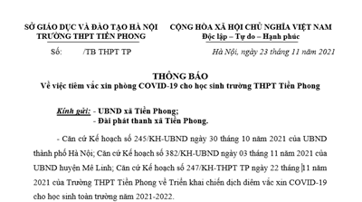 THÔNG BÁO Về việc tiêm vắc xin phòng COVID-19 cho học sinh trường THPT Tiền Phong